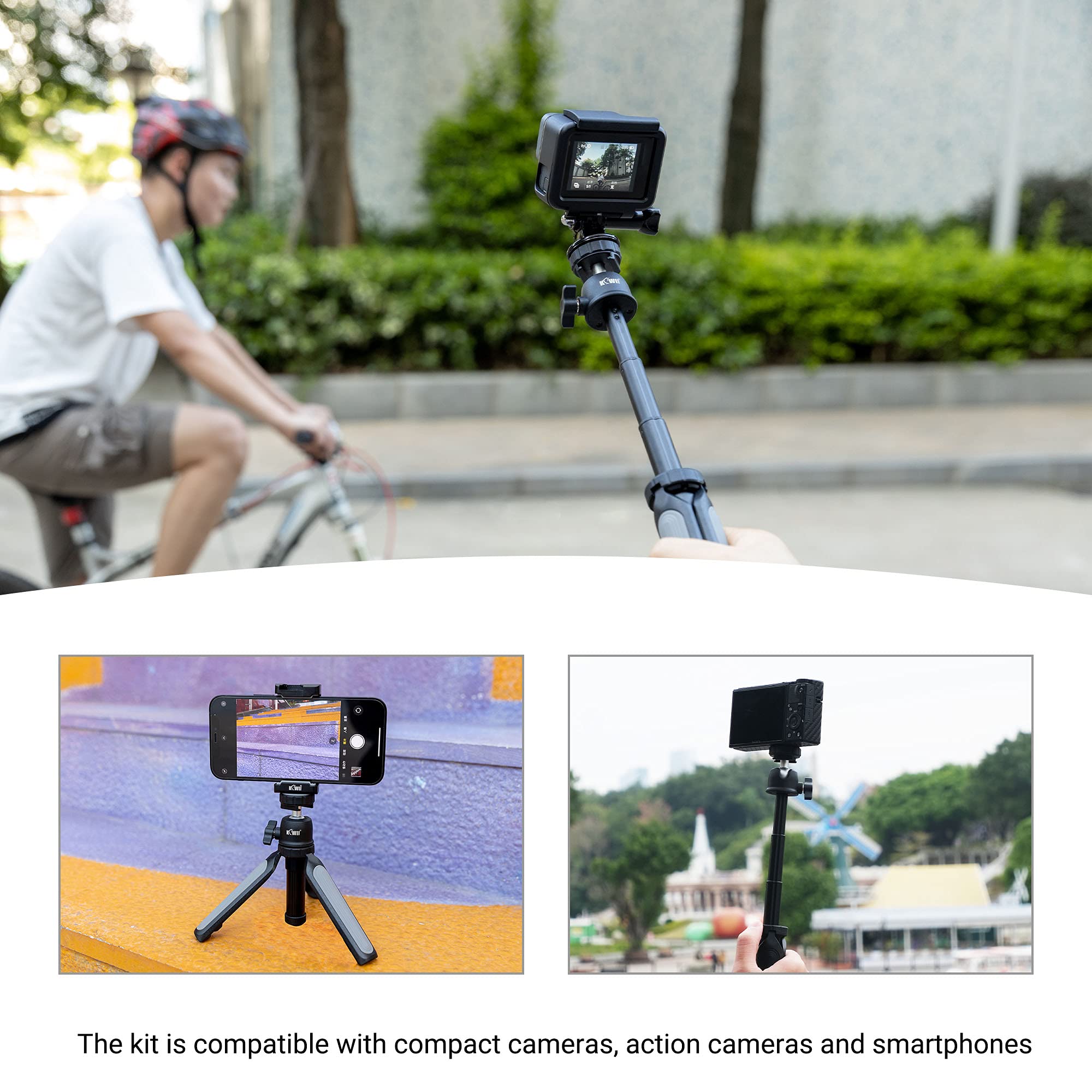 KIWIFOTOS 3-in-1 Telescopische Handgreep – Statief En Selfie Stick In één – Met Telefoonhouder En GoPro Bevestiging – Compact En Veelzijdig