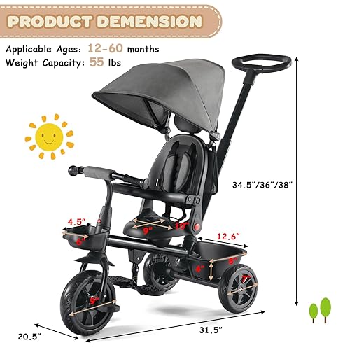 Miniatura 9 de TODEFULL Triciclo para niños, triciclo 6 en 1 con toldo extraíble y asa de empuje, bicicleta para niños de 12 a 60 meses, asiento giratorio de 360,