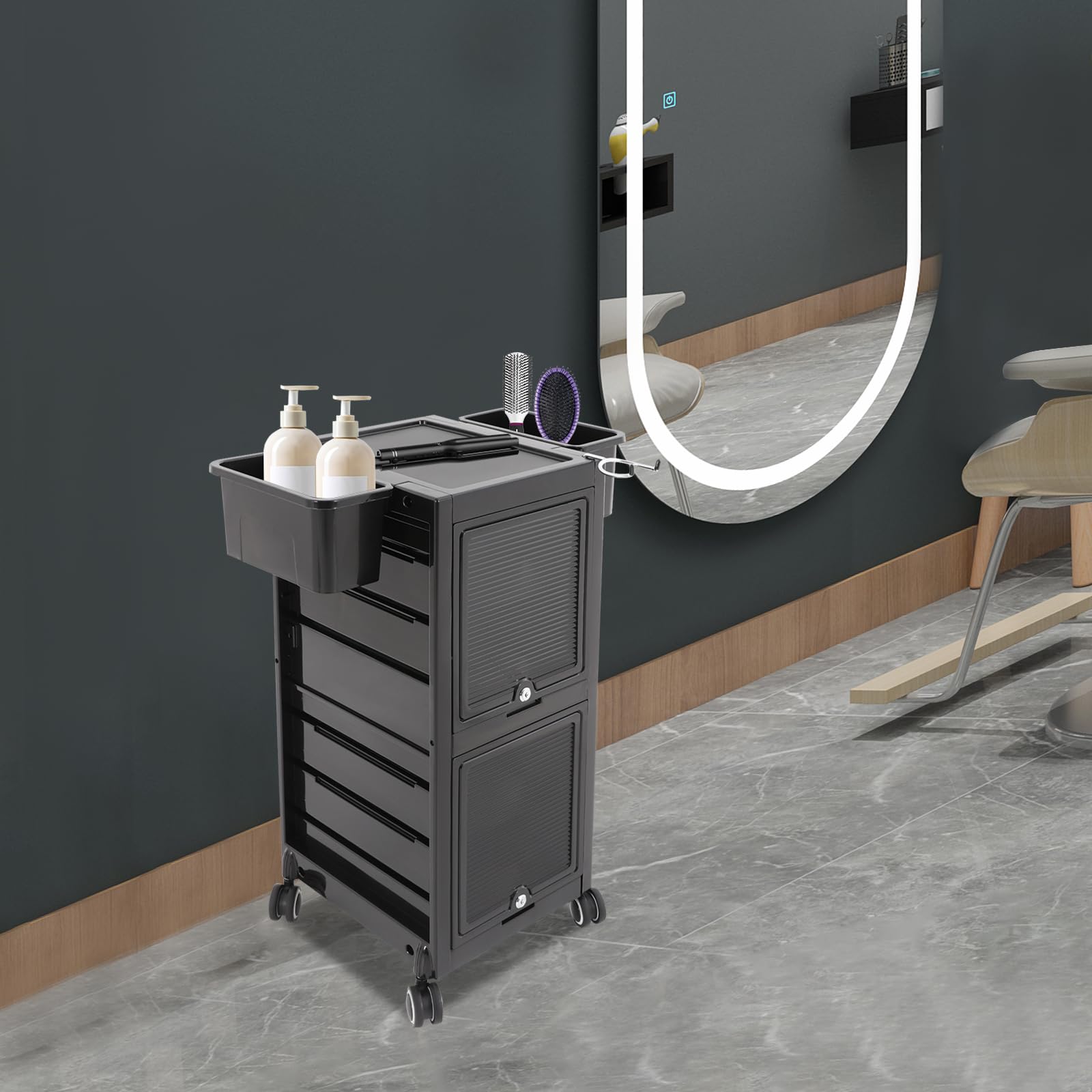 Friseurwagen Rollwagen mit 6 Schubladen & 2 Seitenkörbe, abschließbare Friseur Wagen für Salon und Friseur Aufbewahrungseinheit auf Rädern, 39 * 35 * 84cm
