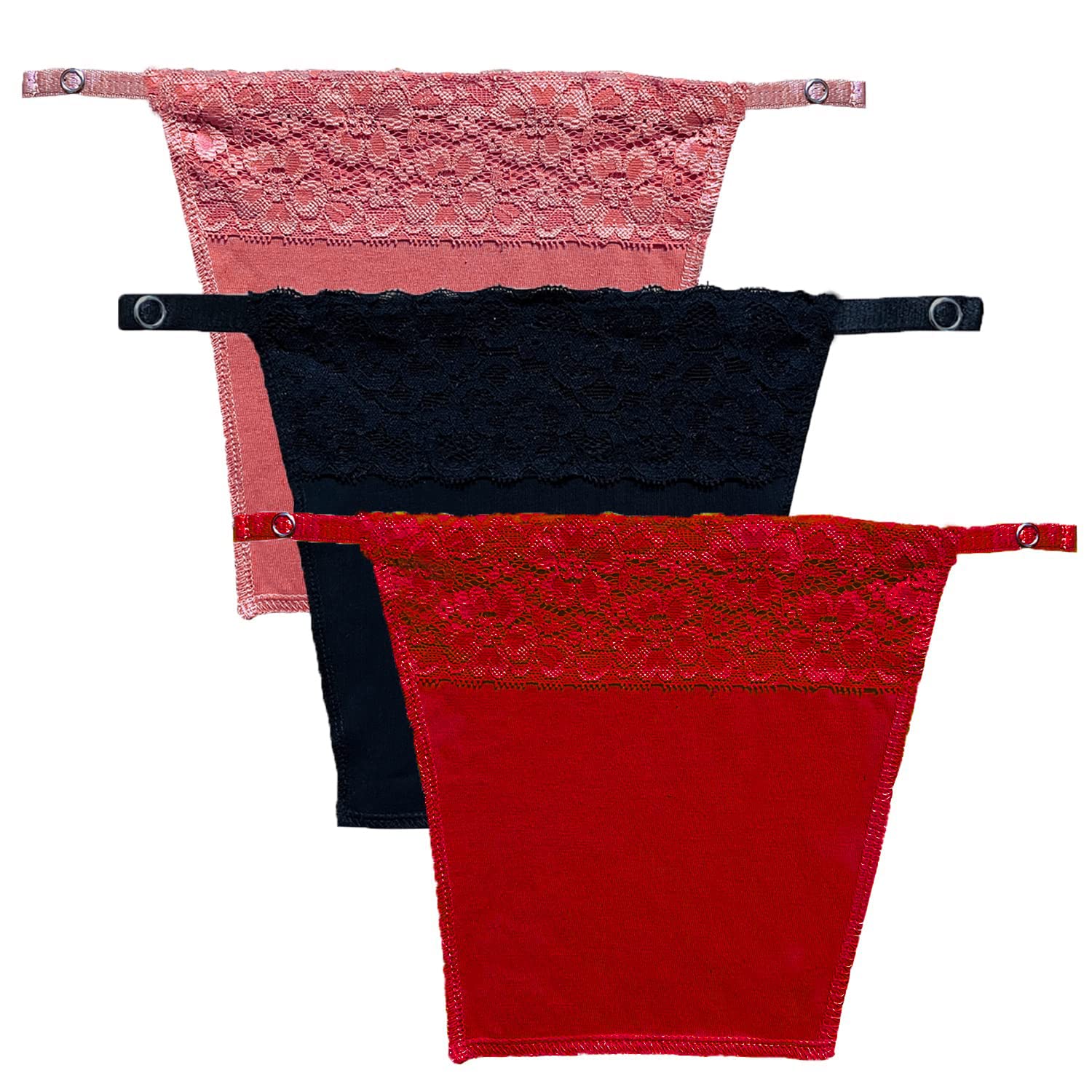 Women's Cotton Clip On Mock Lace Relaxed Fit Camisole Cami Secret Cleavage Cover Up Neck (Set Of 3,Free Size-Combo) (Baby Pink-Navy Blue-Red), Assorted-image-8