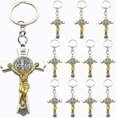 12 llaveros de San Benito para el bautismo, primera comunión, religioso, católico, regalo para escuela dominical, crucifijo de dos tonos, plata y
