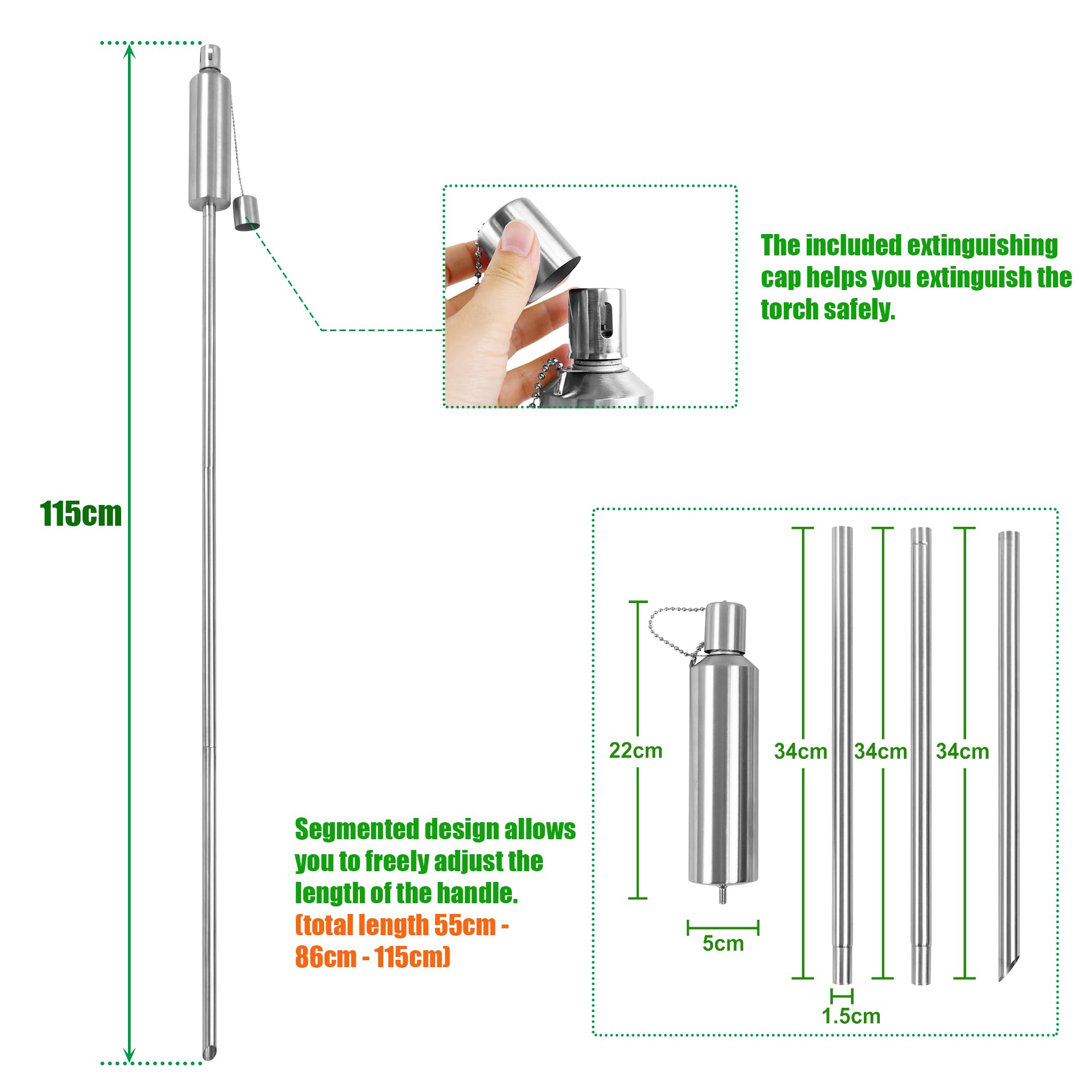 Edelstahl Gartenfackeln Öllampen Set Garten Fackeln für Draußen | Wanderung Handfackel mit 330ml Edelstahlbehälter, Dochte & Höhenverstellbar 55-115cm Griff, Öl Laternen Outdoor (6 Stück)