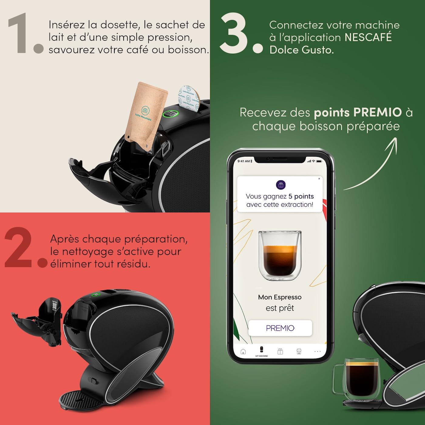 Dolce Gusto NEO Coffee Machine by Krups, Machine à café + 3 boites de dosettes compostables (Espresso, Lungo, Cappuccino), Cafetière multi-boissons connectée YY5242FD