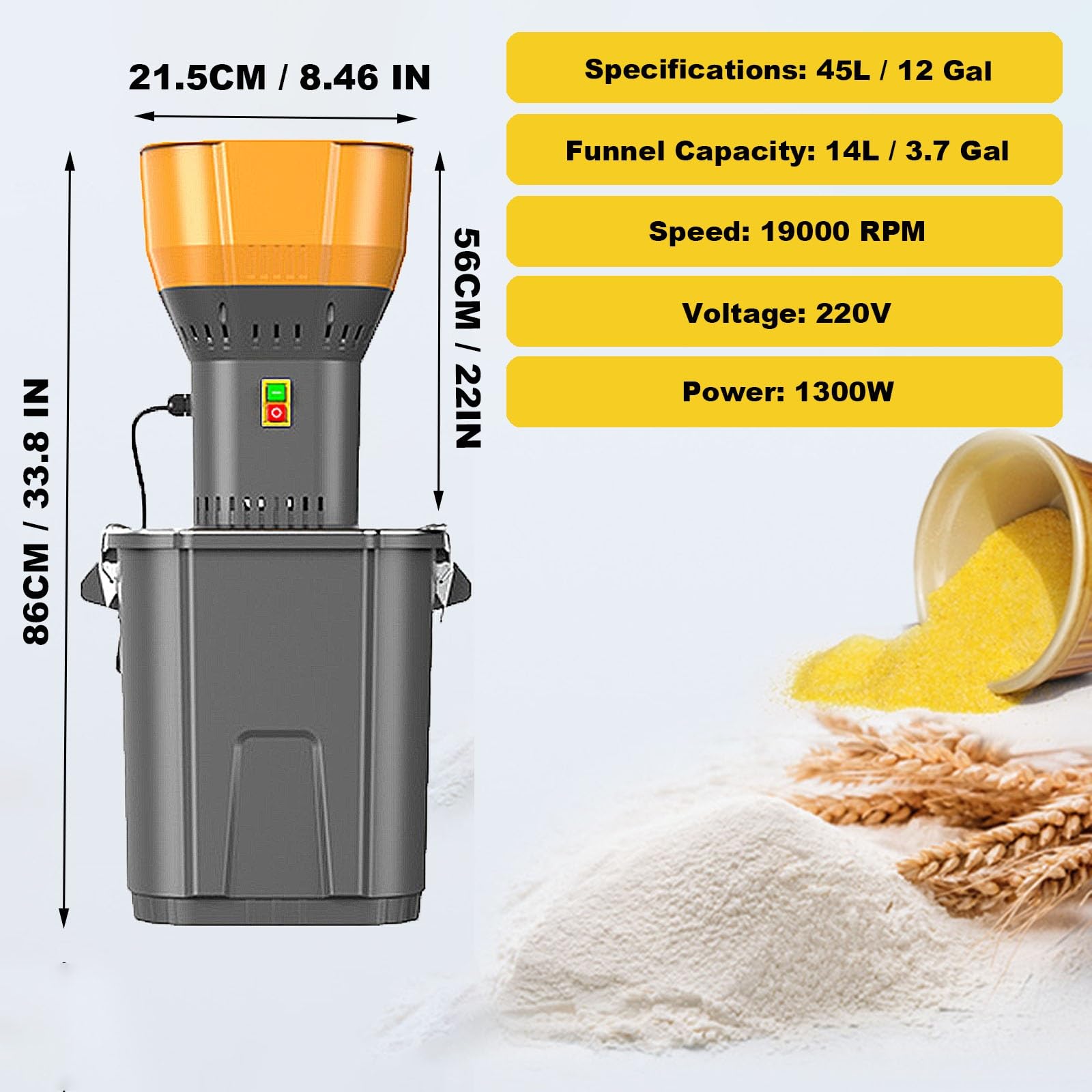 Macinatore 30L/45L per Mais, Grano, Riso e Miglio, 7 Setacci, Lame Acciaio 304, Alta Potenza(45L)