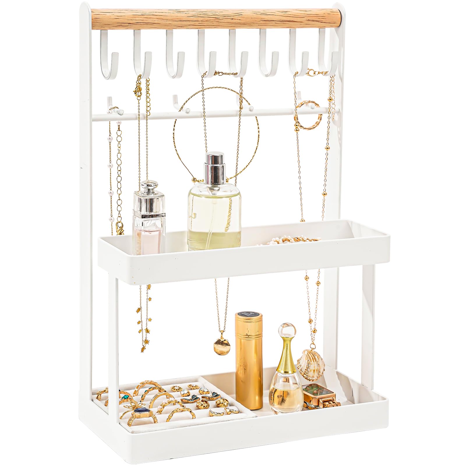 Lolalet 4-Tier Jewelry Organizer, Cute Necklace Holder Stand with 12 Hooks for Teen Girl Aesthetic Room Bedroom Decor -White