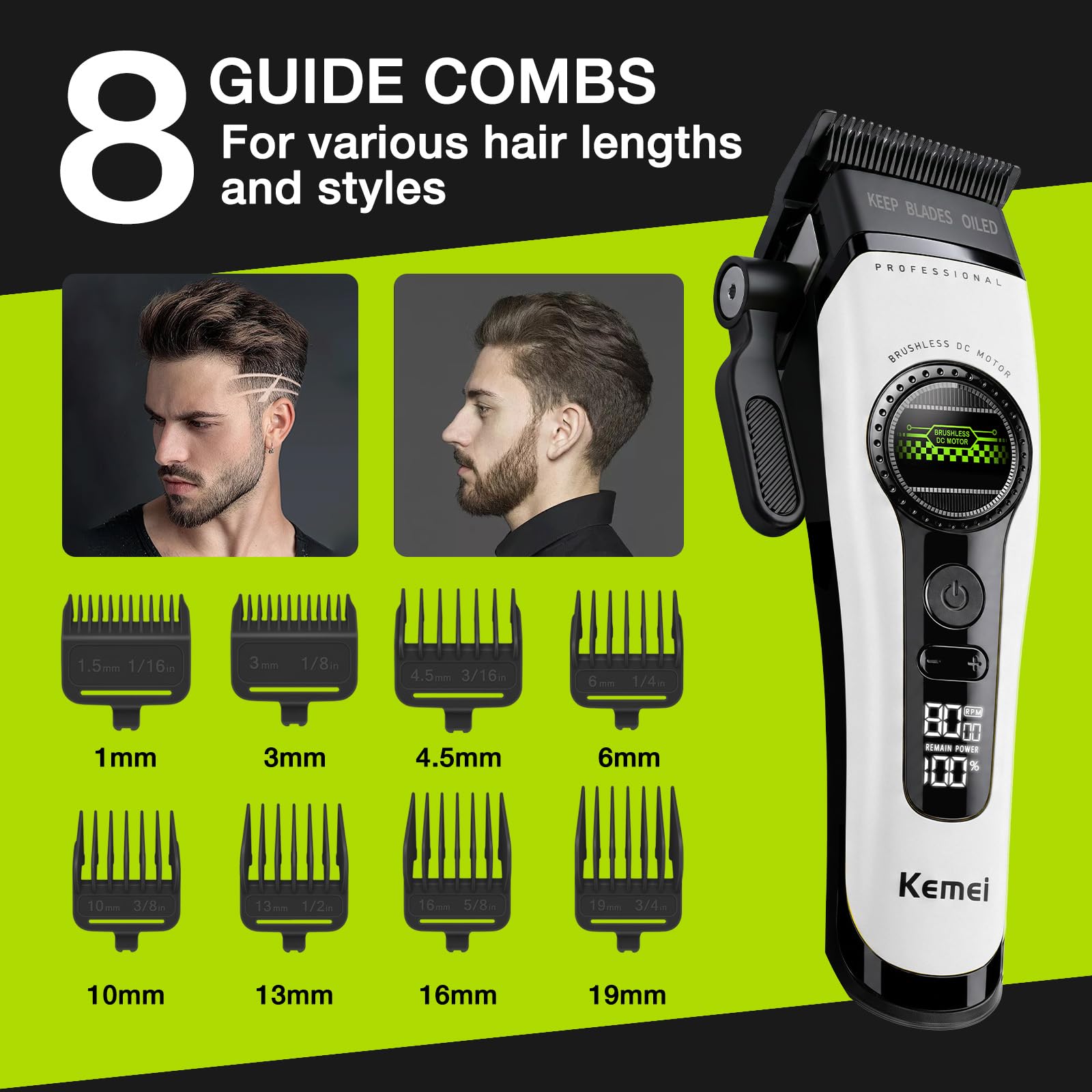 KEMEI 1593 Cortapelos Hombre Inalámbrico, Máquina Cortar Pelo Profesional | Motor Sin Escobillas,5 Velocidades,Doble Carga USB-C y Base,Cuchilla DLC-Cerámica-Perfecto para Autocorte y Regalo(Blanco)