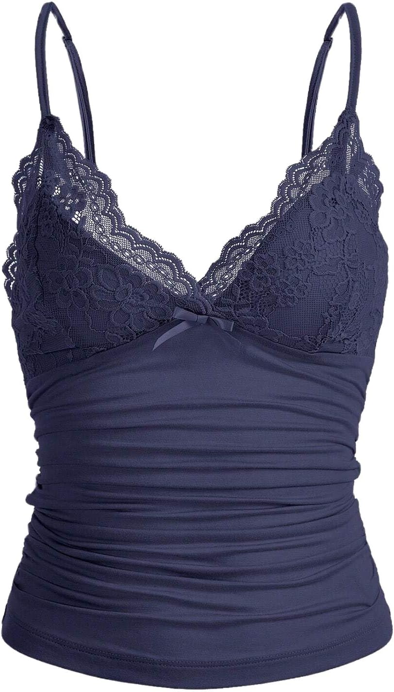 LOFAAC Women Sexy Y2K V Neck Lace Patchwork Cami Shirt Cute Slim Fit Sleeveless Spaghetti Strap Going Out Camisole Tank