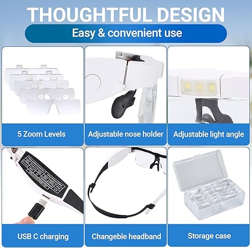Miniatura 6 de YOCTOSUN Lupa de cabeza con 3 luces LED y lentes desmontables 0.75X, 1.25X, 2.0X, 3.0X y 4.0X, lupa de carga USB, lupa con luz para trabajos