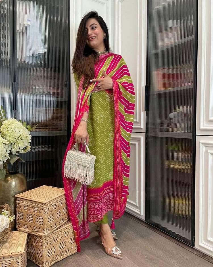 Image of GoSriKi Women's Viscose Straight Kurta Set with Pant & Dupatta | Bandhej Printed Suit Set | Ethnic Festive Dress