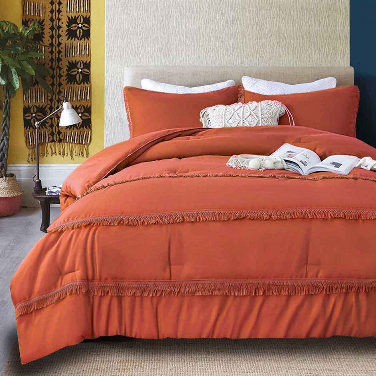 Queen Size Comforter Set, Burnt Orange Boho Tassel Down Alternative Filling Bed Sets 90 x 90