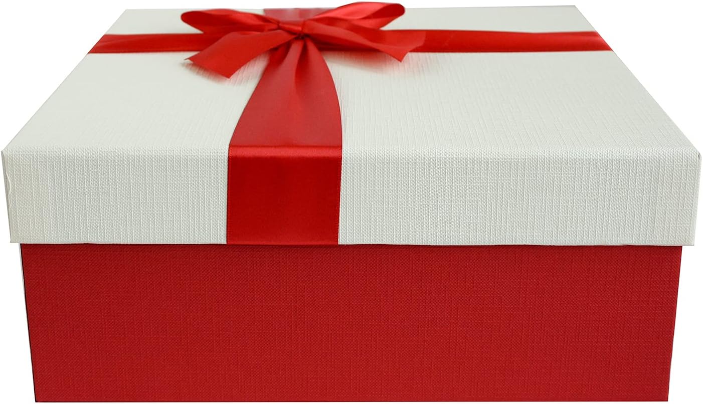 Emartbuy Cream Paper + Red/White Rigid Gift Box with Ribbon - 20 x 20 x 8 cm - Luxury Cardboard Presentation Box