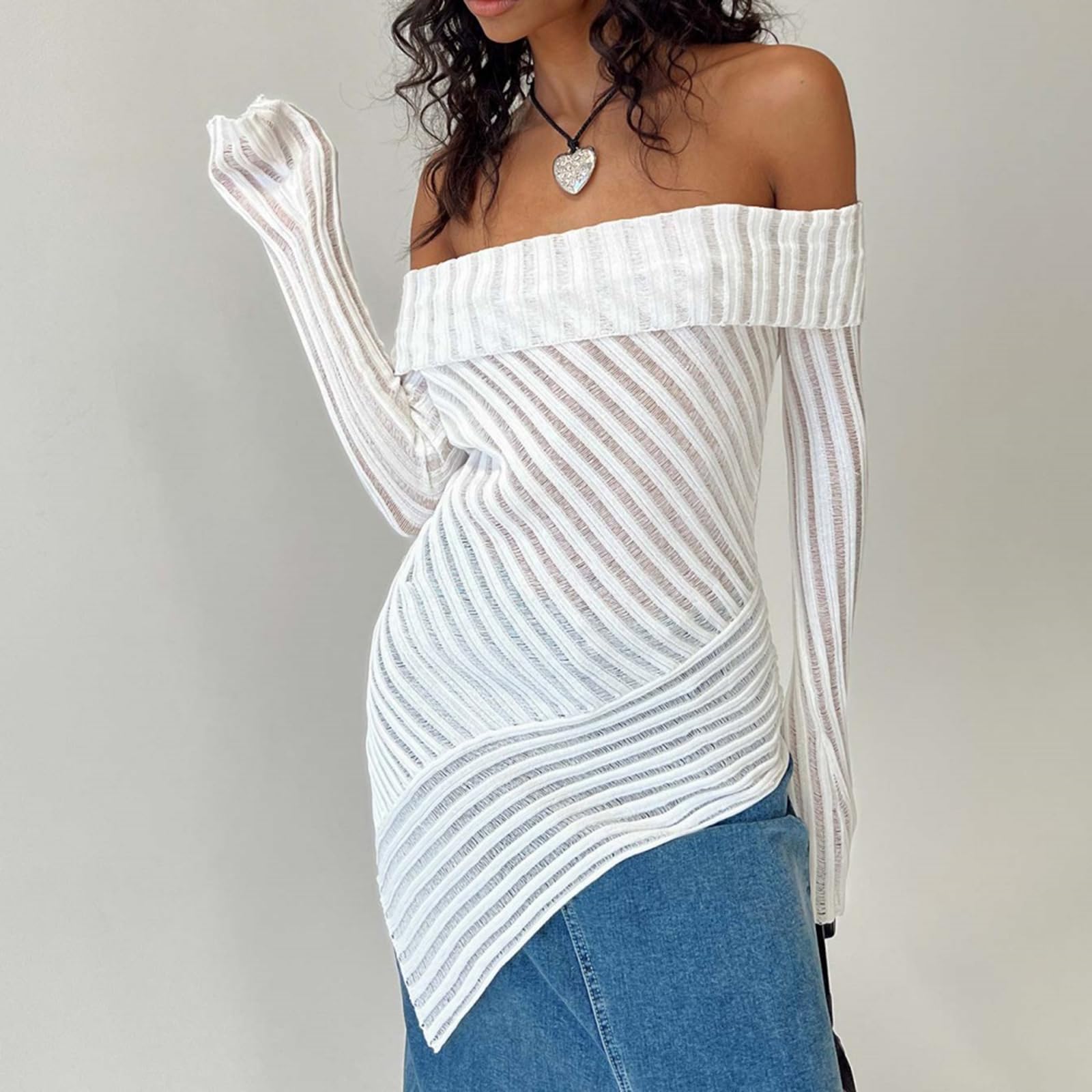 Bluzki z odkrytymi ramionami Damskie Długie rękawy Nieregularny dół Stripe Knit Slim Fit Wyjściowe topy