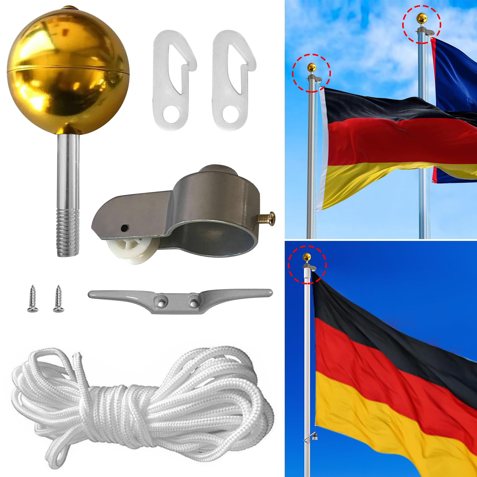 Kit Accessoires Complet Pour Mât De Drapeau Avec Pointe Dorée, Corde, Poulie Et Taquet