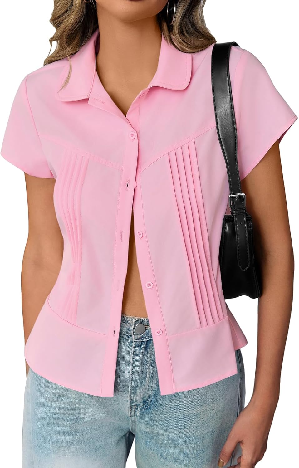 Cicy Bell Womens Short Sleeve Button Down Shirts Pleated Slim Fit Summer Dressy Casual Blouses
