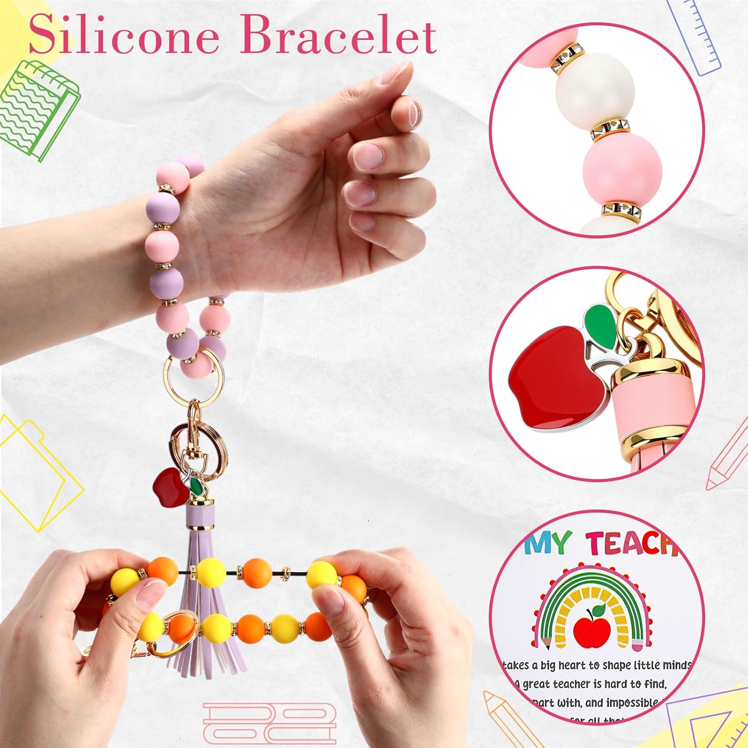 Sureio 12 Set Teacher Bracelets Gifts Bulk for Women Teacher Appreciation Beaded Bracelet Keychains with Cards Organza Bags