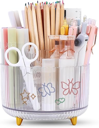 SKYDUE Soporte giratorio para lápices, organizador de bolígrafos con 5 ranuras, organizador de escritorio estético y accesorios para la escuela, el