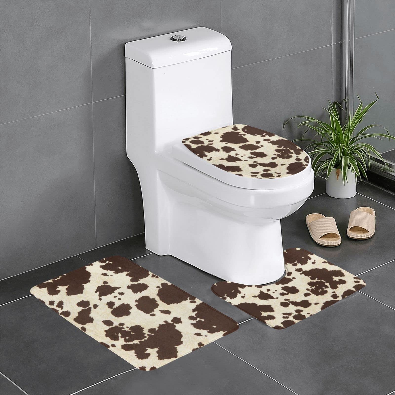 Tapis de salle de bain cuir marron 3 pièces pour confort WC et douche
