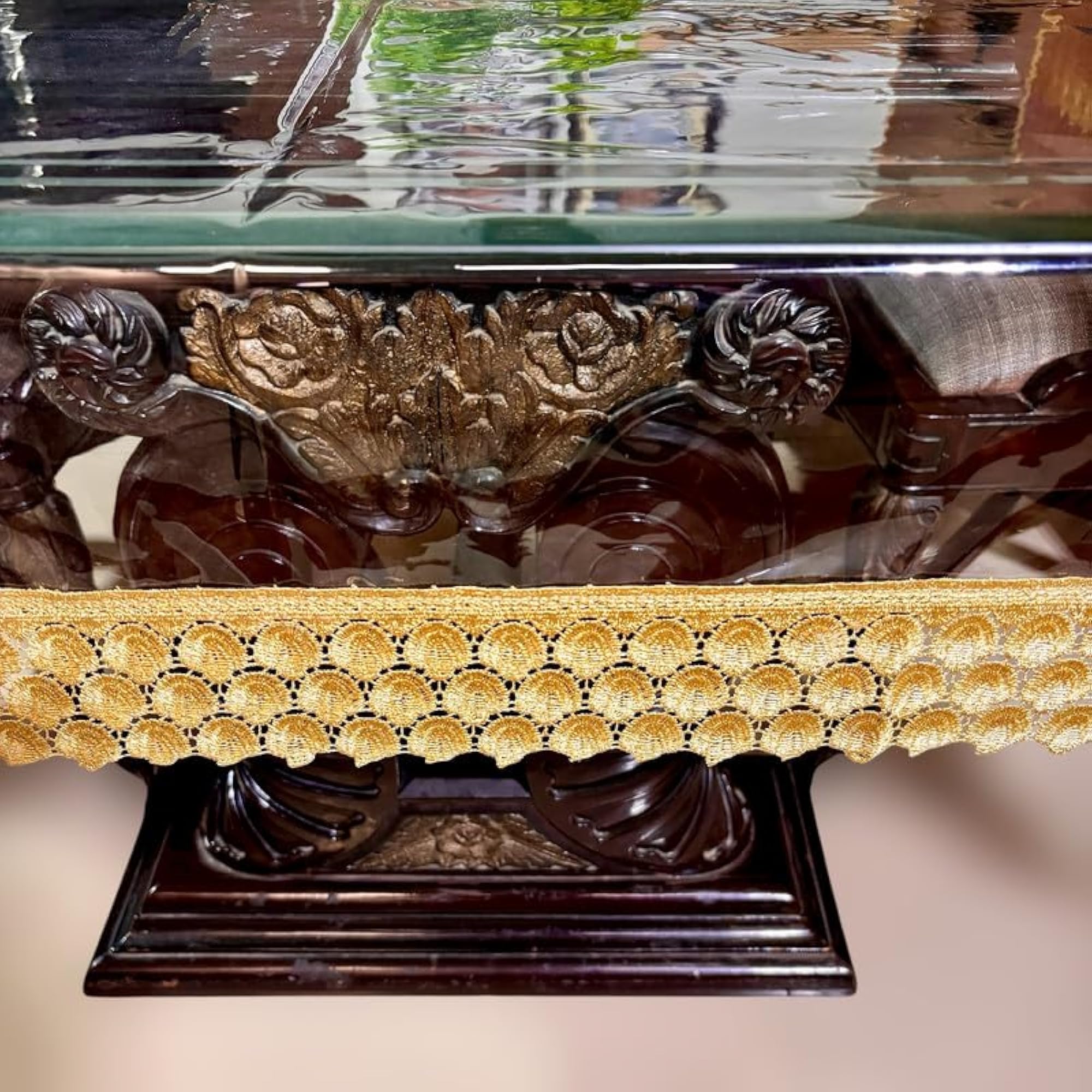 Transparent 6 Seater Dining Table Cover with Gold Lace