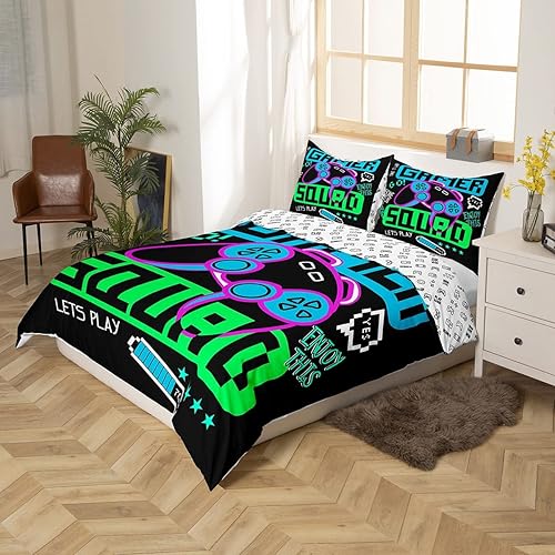 Miniatura 2 de Juego de cama con diseño estampado de control de videojuegos, para niños, adolescentes y jugadores, incluye 1 funda de edredón suave + 2 fundas de