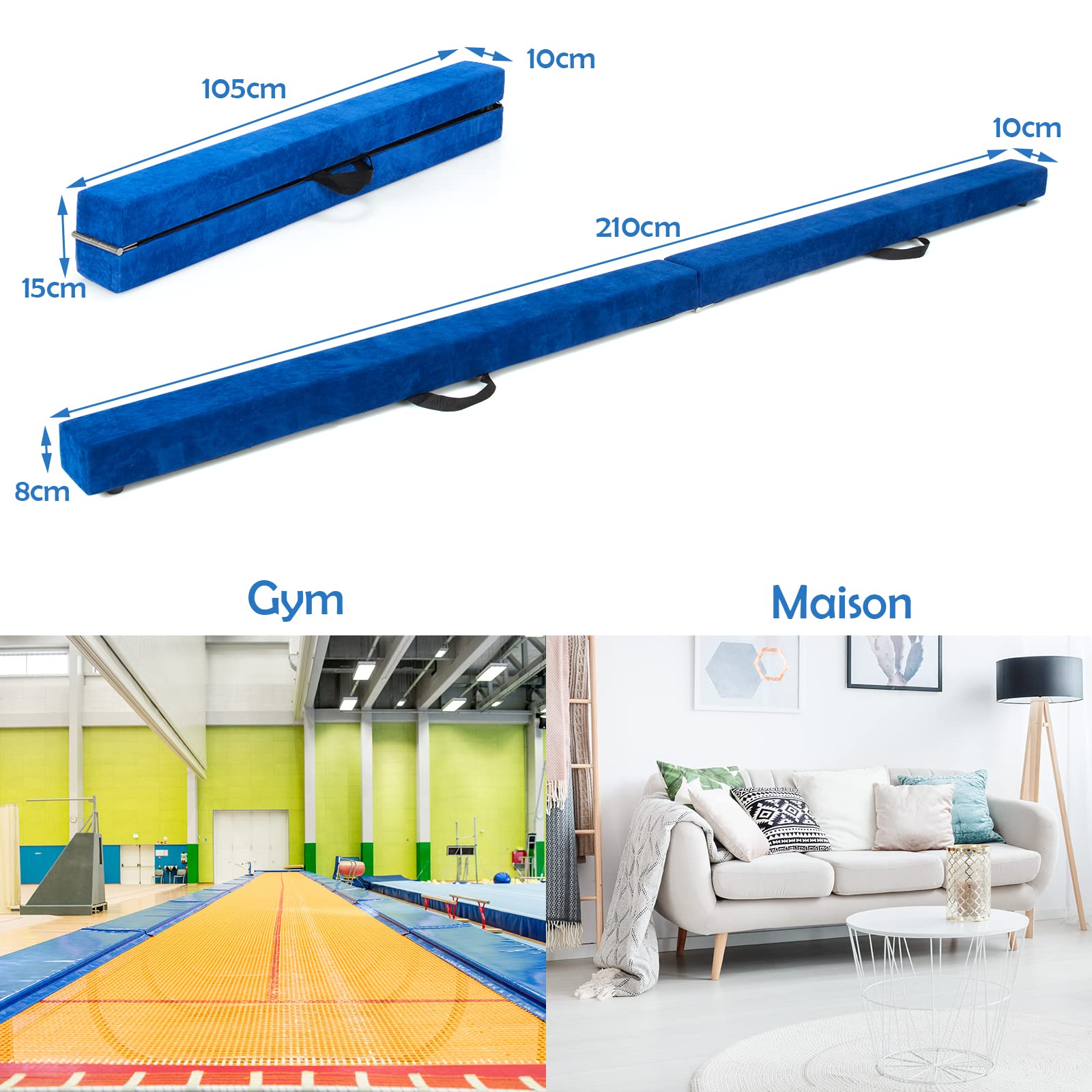 GYMAX Poutre Gymnastique pour Enfant, Poutre d'Équilibre Pliable 210CM, Portable, Robuste en Bois Massif, avec Patins Antidérapant & Surface Douce, Transport Facile, pour Danse/Fitness (Bleu)