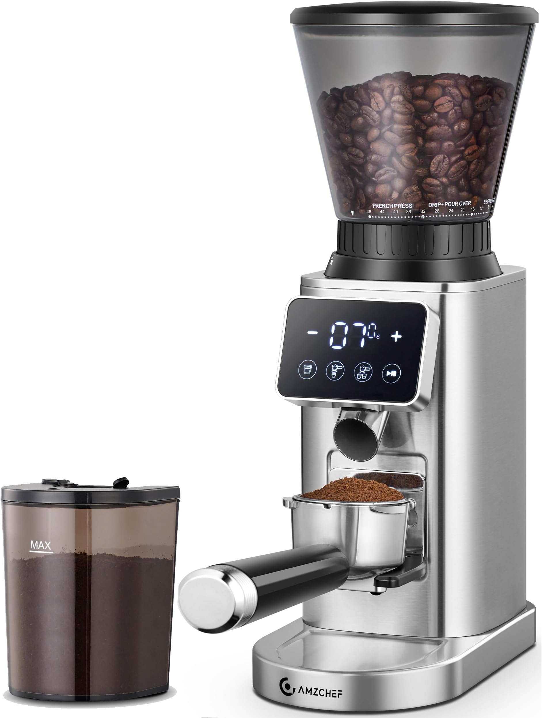 AMZCHEF Coffee Grinder, Coffee Bean Grinder for Home Use with Precise Grinding, LED Control Panel, Detachable Funnel Stand, Anti-static Design, 48 Grind Settings, Metallic Silver