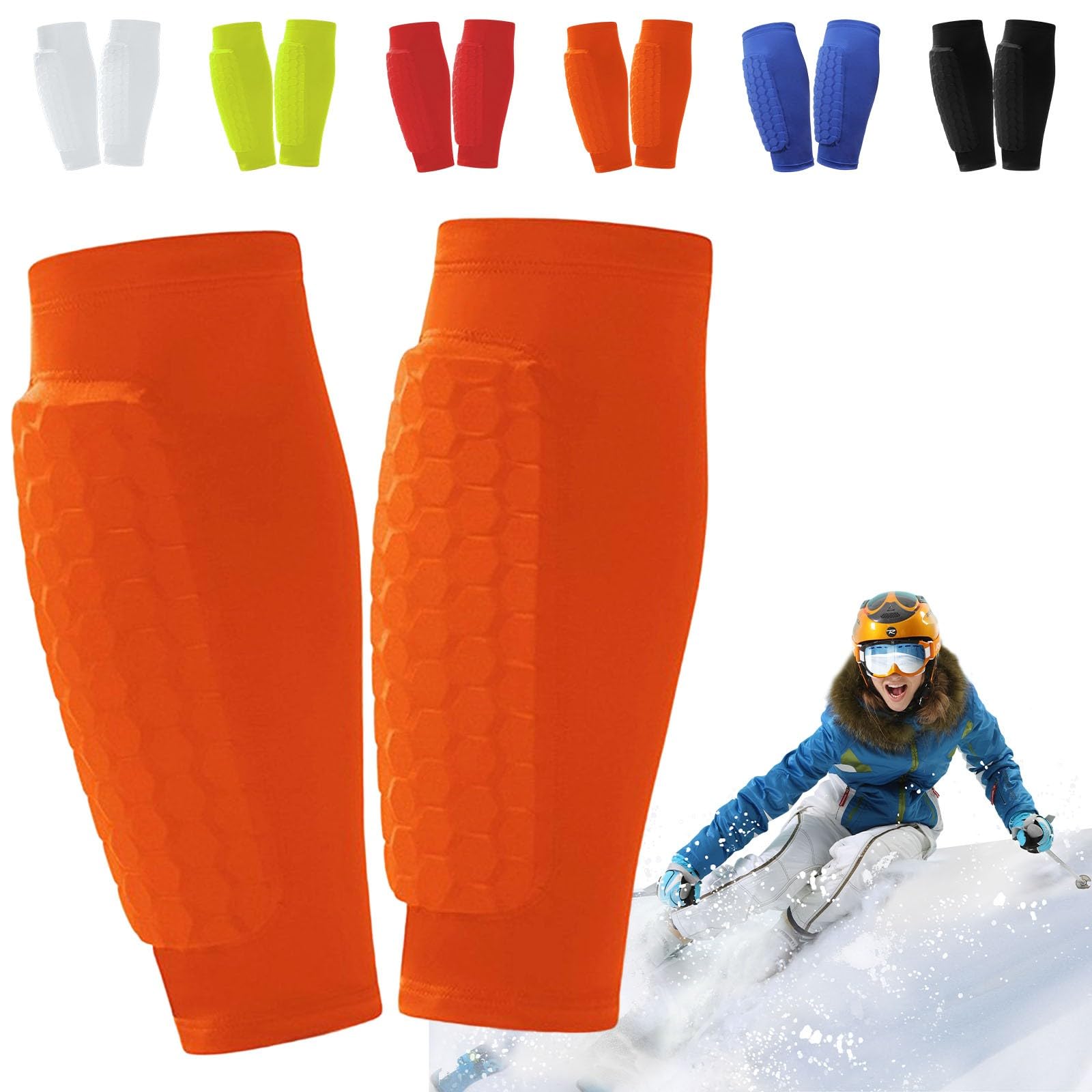Ski Shin Guards Gel, Honeycomb Compression Sleeve Football Shin Guards, Ski Guard Socks, Ski Guards Shin Pads, Shin Defender, Breathable Elastic Gel Guard for Skiing, Legs Protection (Orange, XL)