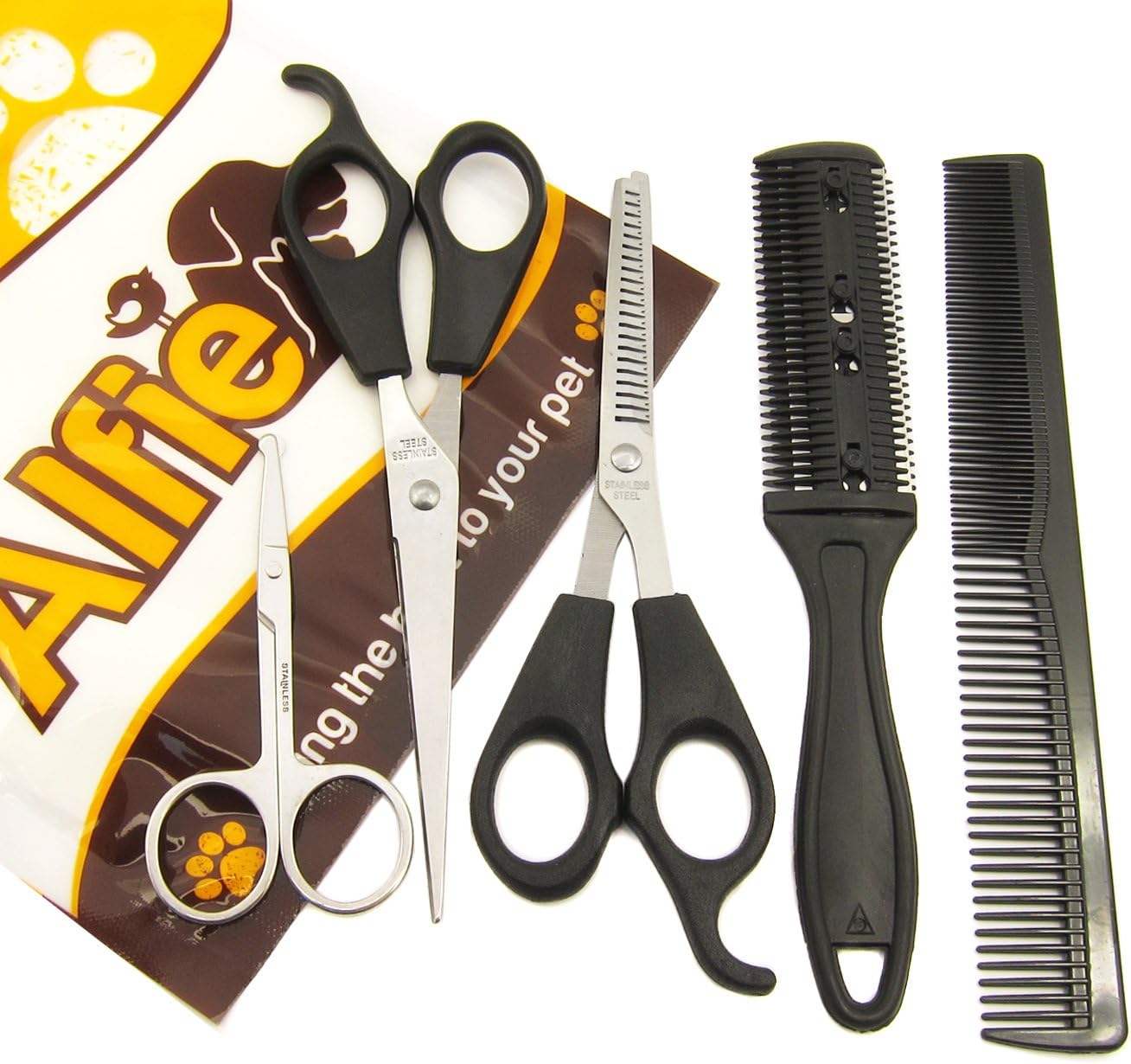 Alfie Pet - 5-Piece Pet Home Grooming Kit - Cutting Scissors, Thinning Shear, Round-Tip Trimming Scissors, Razor Comb Trimmer Set