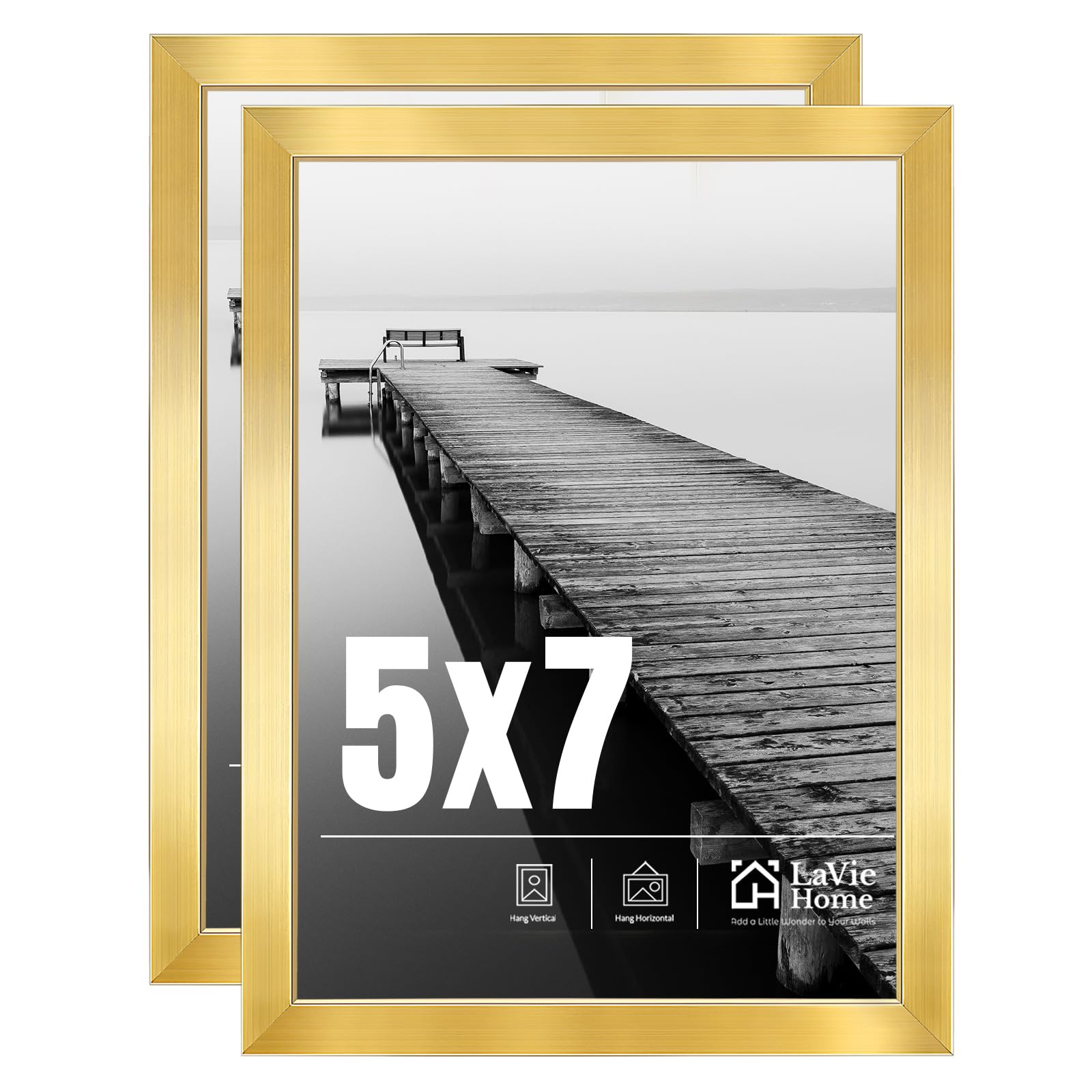 Photo 1 of LaVie Home 5x7 Picture Frame 2 pack, Display Pictures 5 x 7 Frame, 5x7 Gold Photo Frame with HD Plexiglass, Display Frame for Vertical or Horizontal, Classic Collection