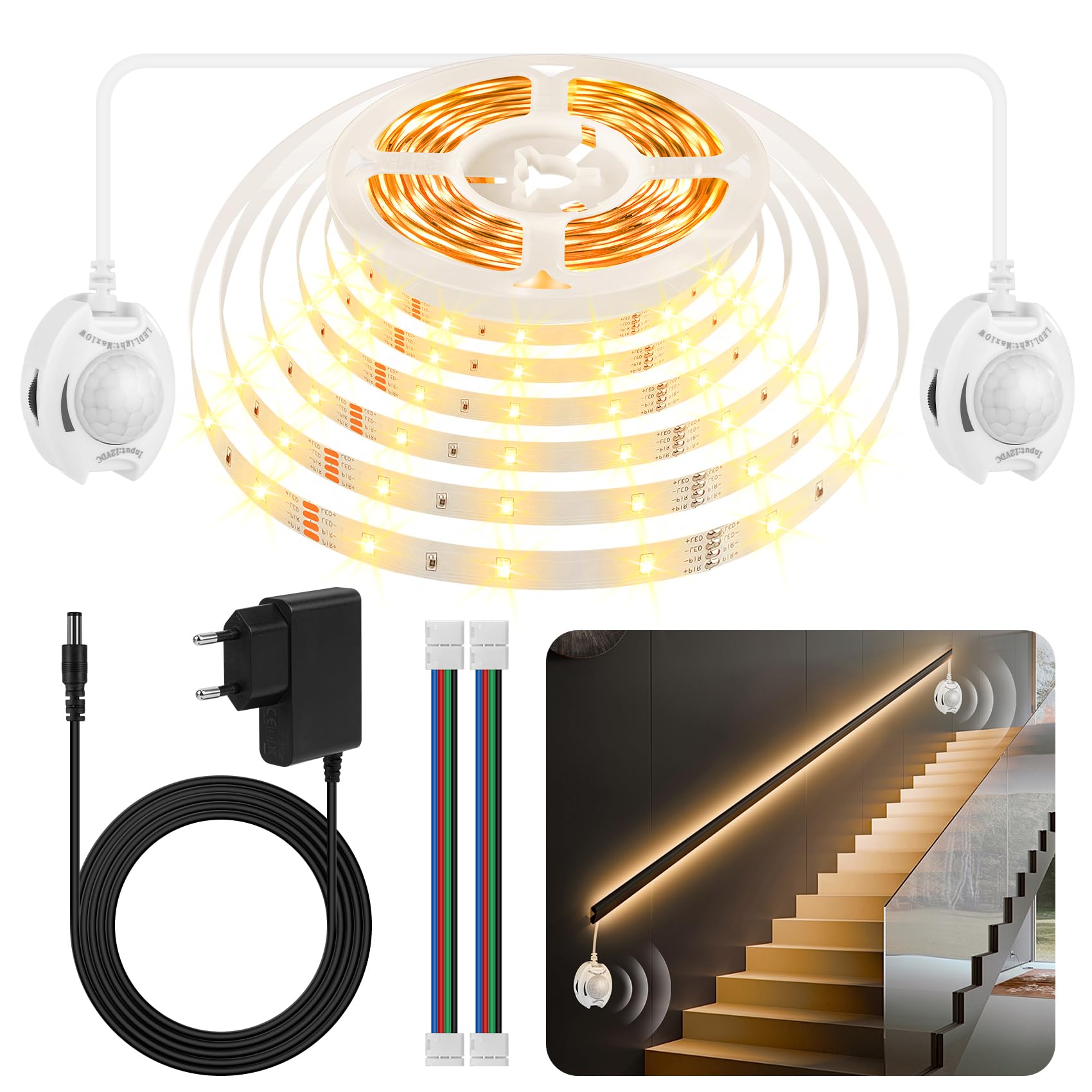 Taormey LED Strip Bewegungsmelder 6M,Dual Control LED Bettlicht mit PIR Bewegungssensor,Bewegungsaktivierte Warmweiß LED Streifen für Schlafzimmer，Nachttisch,Treppe,Schrank,Flur