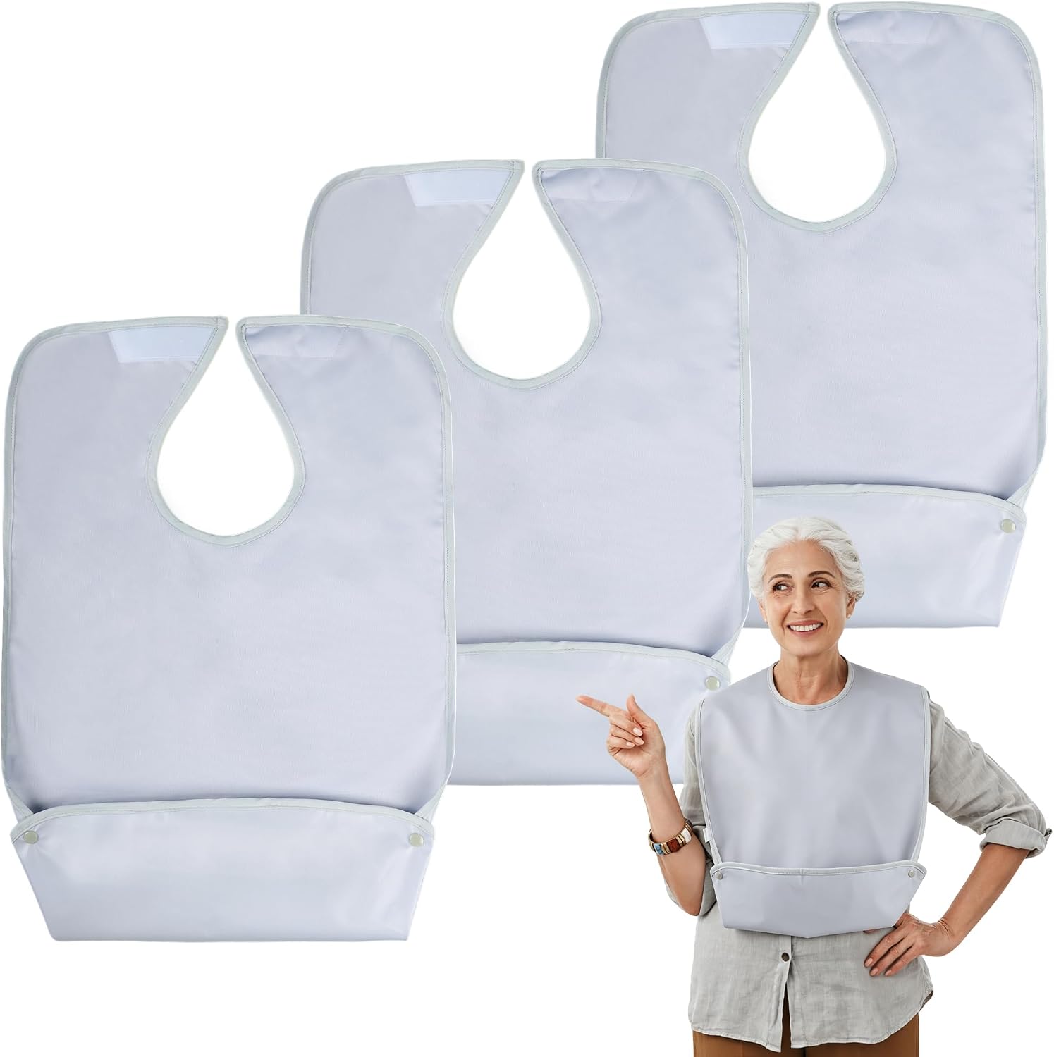 Tuiskusa Adult Bibs-3 Pack with Crumb Catcher, Reusable Washable Adult Clothing Protectors, Adult Bibs for Elderly Women Men