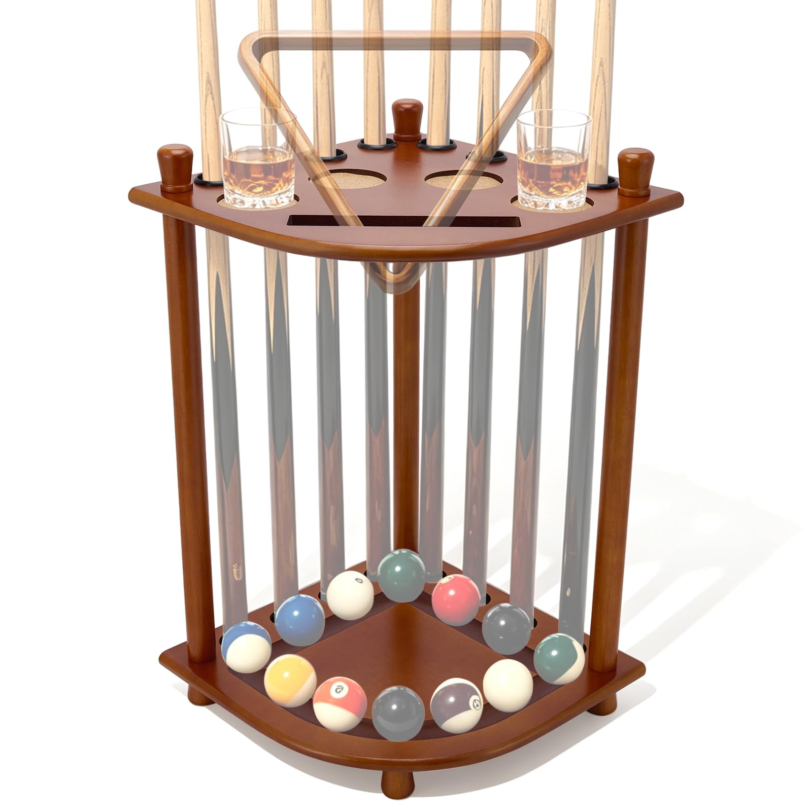 Pool Stick Holder Floor Stand, Wooden Circular Billiard Cue Rack with Drink Holder, for 8 Cues Sticks & 1 Set of Pool Balls, Retro Billiard Table Accessories for Game Room Billiard Club,Snooker Bars