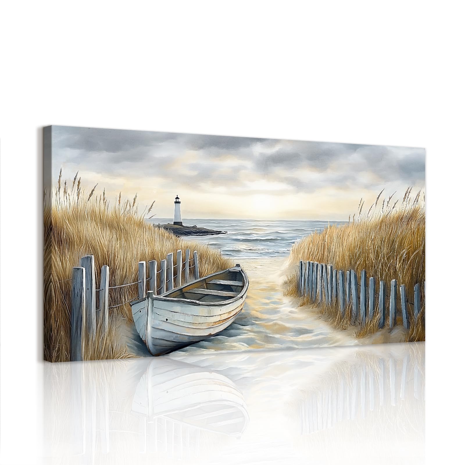 WENGTIAO Plage Côtière Grande Tableau Decoration Murale Encadré Toile Peinture Bateau Phare et Paysage Marin Decoration Murale Salon Maison Deco Bureau Chambre 100x50 cm
