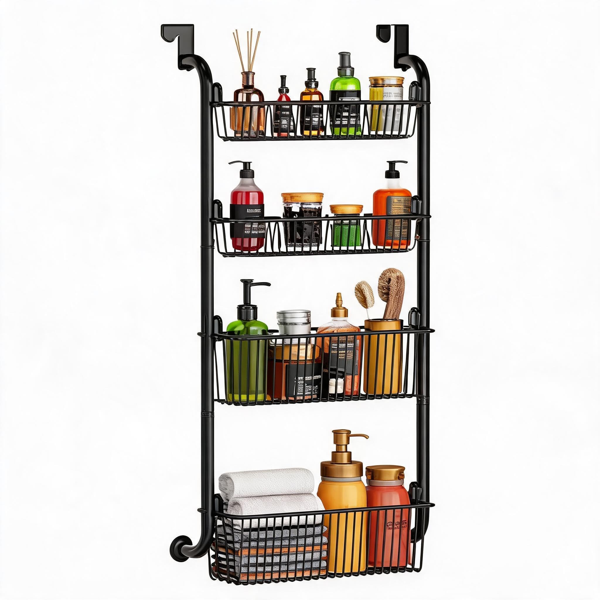 GarveeMore Heavy-Duty Over the Door Pantry Organizer Rack – 4-Tier Adjustable Metal Spice Storage Shelf with Hanging Baskets for Kitchen, Bathroom, or Laundry – Space-Saving – Black, 4-Layer