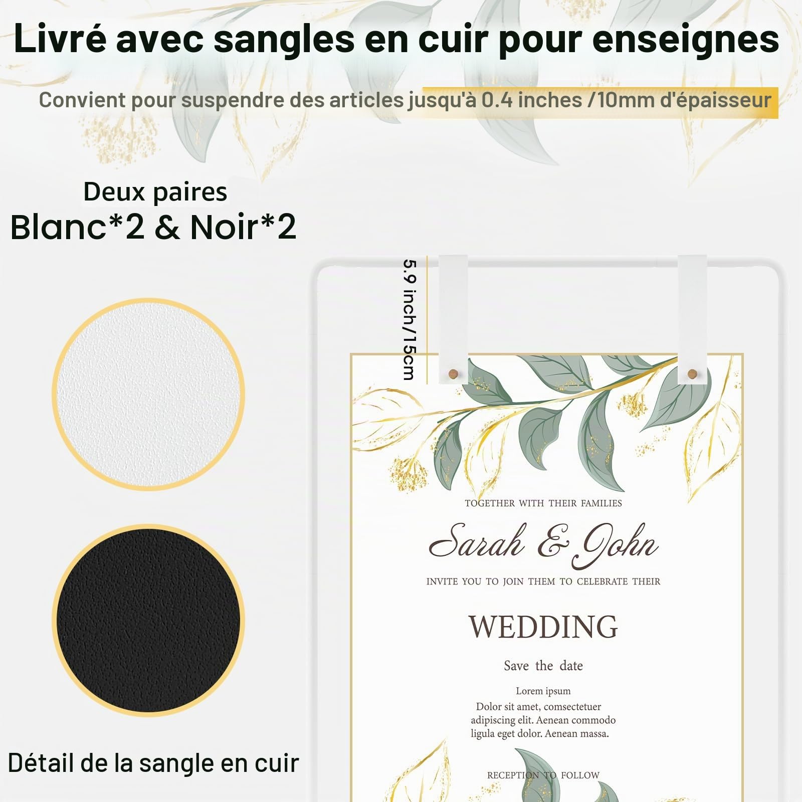 Support de panneau bienvenue mariage de 1,7M chevalet mariage réglable, avec guirlande lumineuse de 6M et 4 sangles en cuir, chevalet robuste pour la décoration, les affiches et les fêtes (blanc)