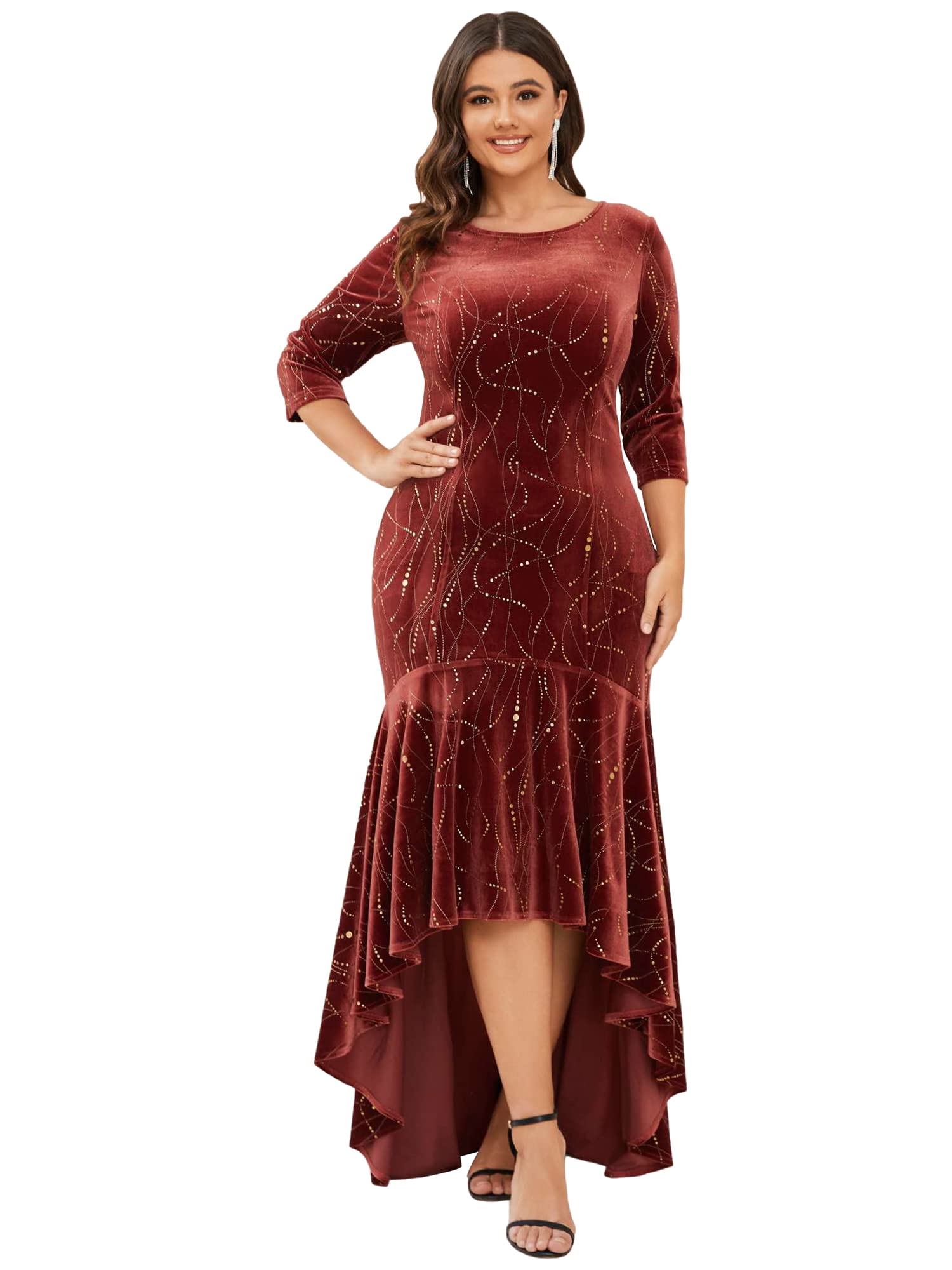 Ever-Pretty PlusEver-Pretty Women's 3/4 Sleeves High-Low Elegant Bodycon Velvet Eveninng Gowns Dresses 00472, Brick Red, 48 Plus