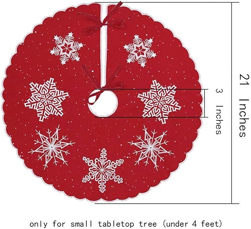 Miniatura 2 de Simhomsen Falda pequeña para árbol de Navidad bordada con copos de nieve, solo para árbol de lápices de mesa (rojo, redondo de 21 pulgadas)
