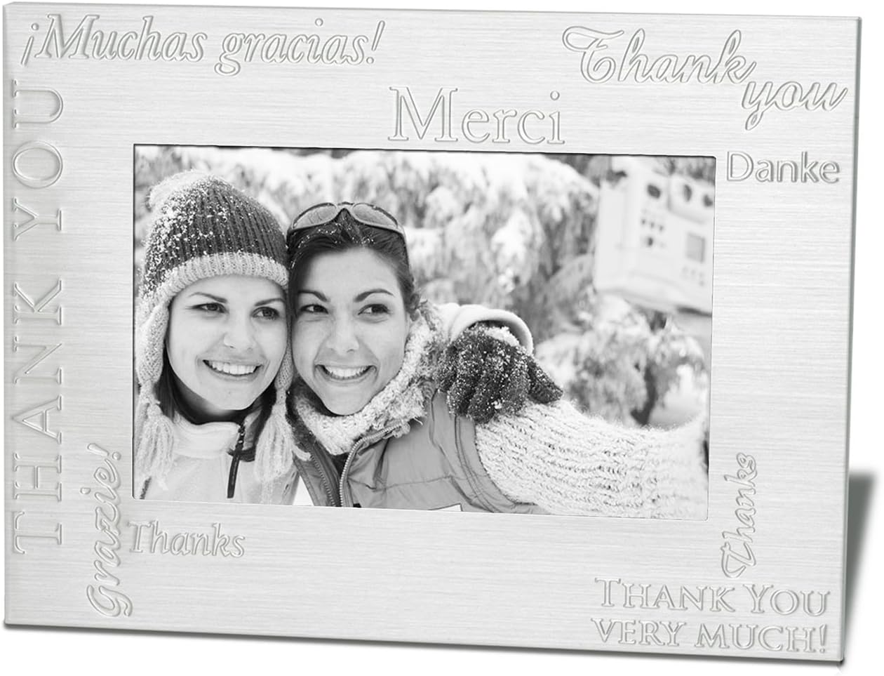 Marketing Innovations Intl 4" x 6" Photo Frame Embossed Debossed Multilingual Appreciation Brushed Aluminium, Black Felt Backing, Glass Front. Silver