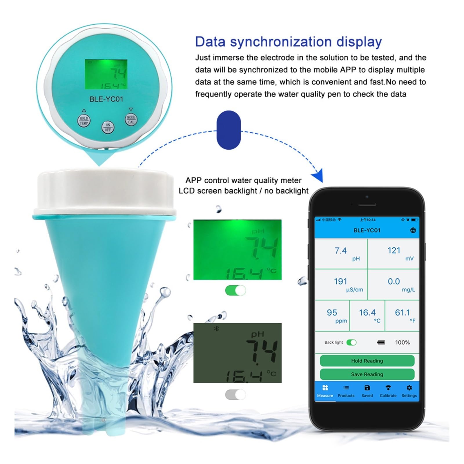 Tester della qualità dell'acqua, 6 IN 1 Cloro Temp ORP EC TDS PH Meter Blue Tooth Monitor online Tester di qualità acqua Strumento intelligente for acquari da piscina per acqua potabile, acquari, ecc.