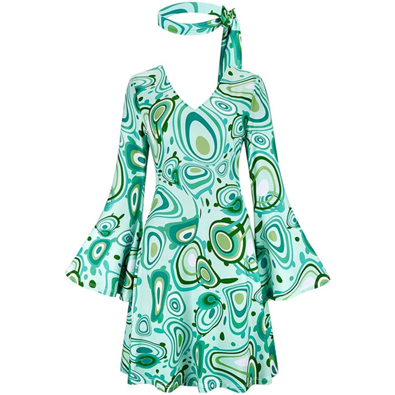 Halloween Costume Women Hippie Dress 70s Retro Psychedelic Print Bell Sleeve Party Dresses Outfit Vintage Fancy Dress Carnival Festival Costume with Headband Accessories for Women Groovy Theme
