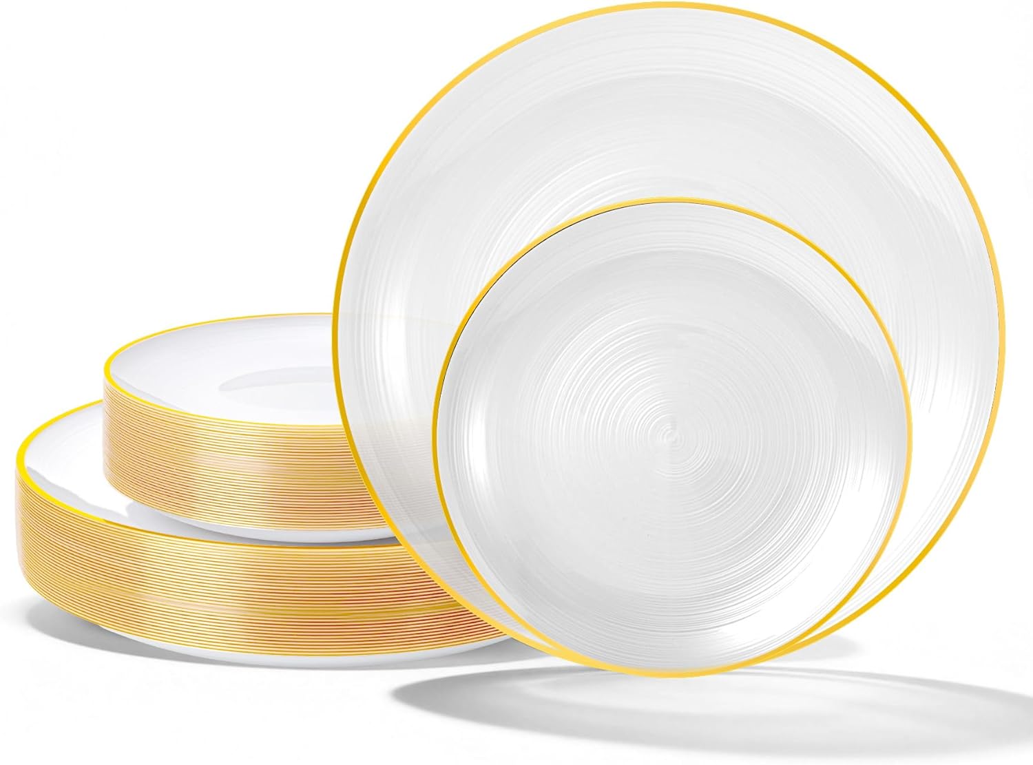 N9R 60PCS Pink Plastic Plates with Gold Rim – 30 Dinner & 30 Dessert Plates, Circular Ribbed Design, Elegant Disposable Plates for Weddings, Events, Banquets, Special Occasions (Translucent Pink)