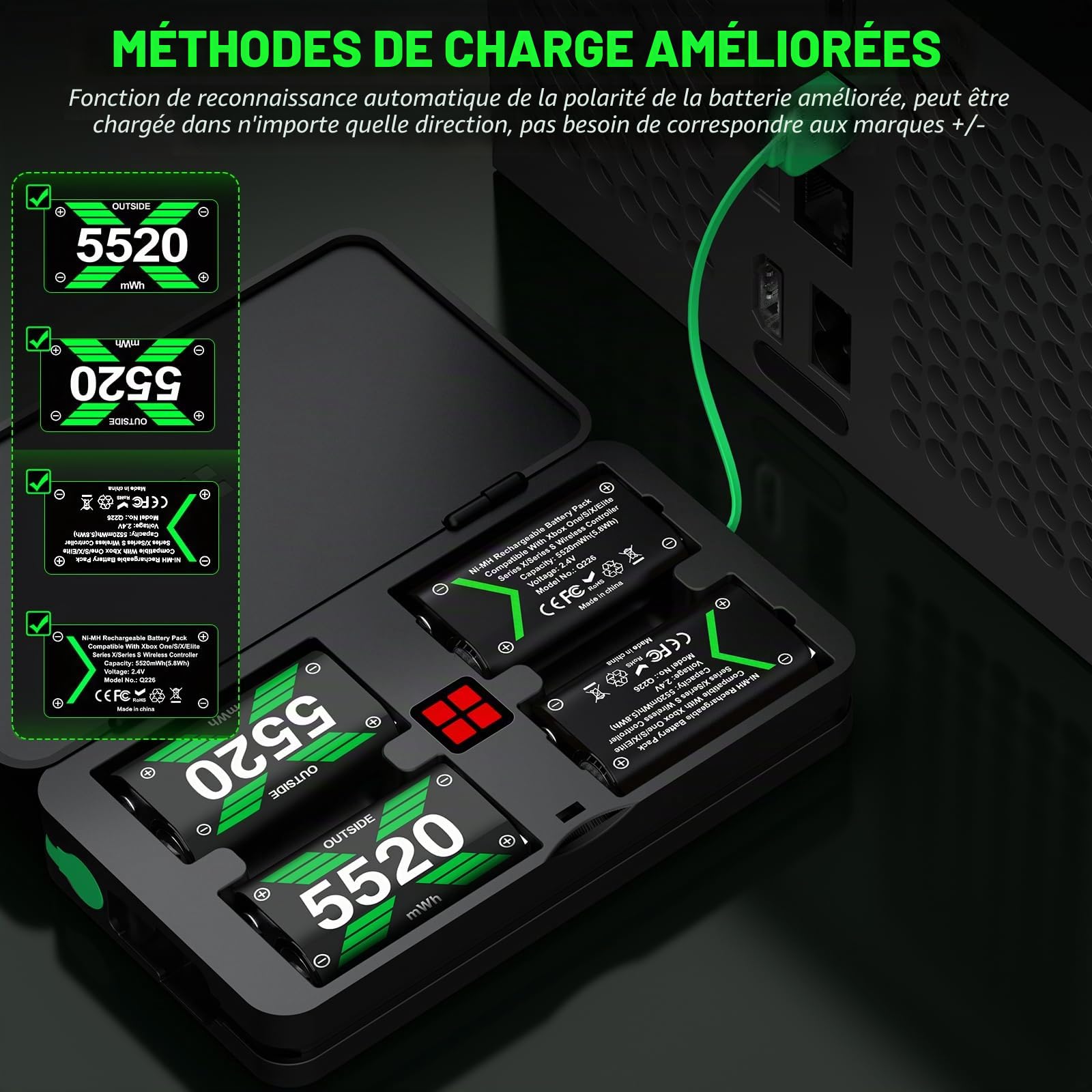 Lot de 4 batteries 5520 mWh pour manette Xbox Series X/Xbox Series S - Pour manette Xbox One/One S/One X/One Elite - Station de charge - Monnaie interne de jeu