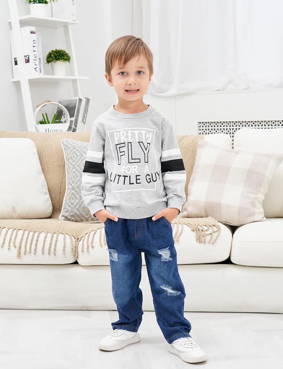 oklady Toddler Boy Clothes Colorblock Long Sleeve Letter Sweatshirts Top and Ripped Jeans Pants Boys Fall Winter Outfits 2-6T - Image 2