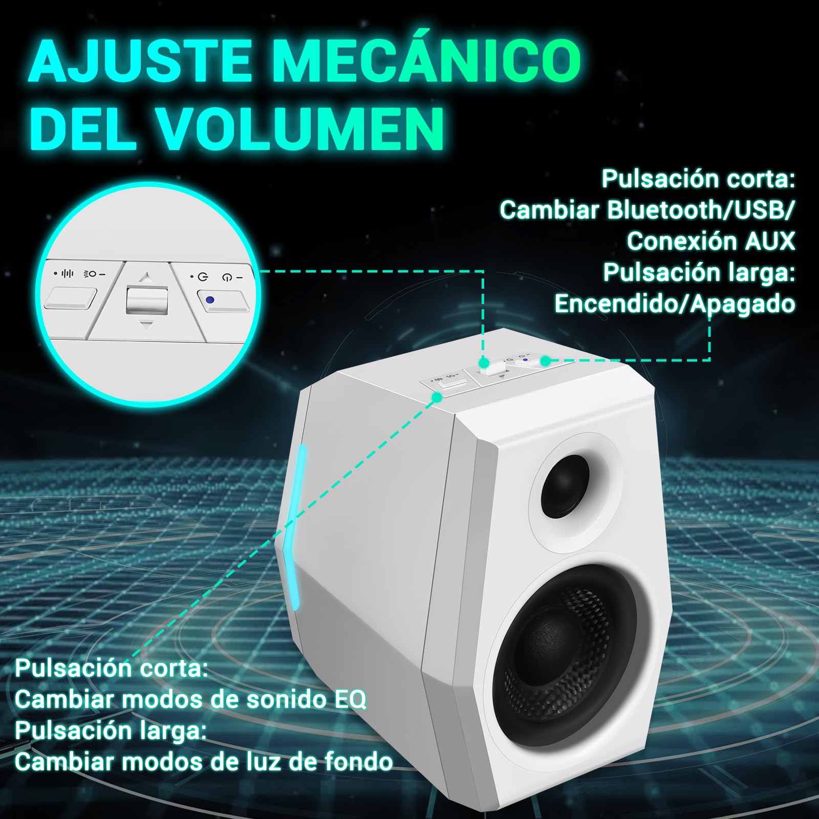 Sanyun SW209 Altavoces Gaming 2.0 36 W, Audio Táctico 3 Modos DSP | Gaming/Cine/Música, DAC 24 bits, USB-C/Bluetooth 5.2/AUX, Driver Fibra Vidrio 7cm + Cúpula Seda 18mm, RGB (Pareja, Blanco)