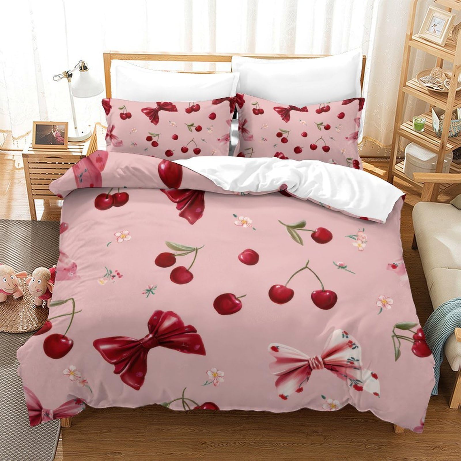 Housse de Couette Cerise Noeud 3D Décoration Chambre Fille Ambiance Cosy 140x200