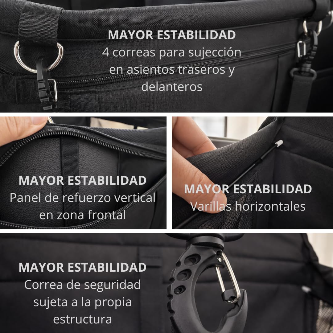 Transportín para Perros y Gatos para Coche | Asiento Seguro y Reforzado con Correa de Seguridad | Impermeable, Plegable y Universal | Incluye Manopla para Quitar Pelos | 40x40x32 cm