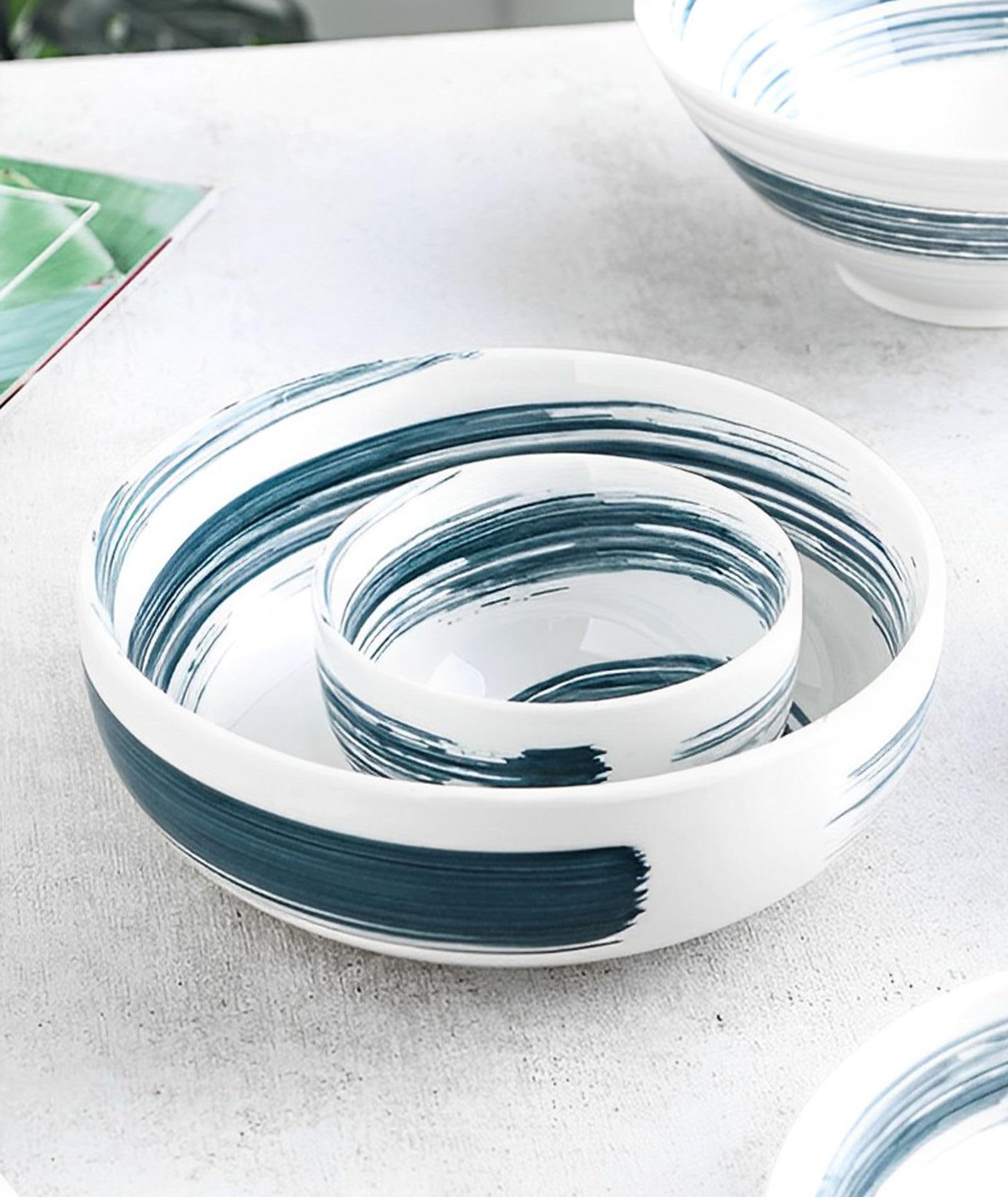 Müslischüssel-Set, 400 ml, Suppenschüsseln, mikrowellengeeignet, Frühstücksschalen, Reisschalen, Keramik-Müslischalen (Blau und Weiß, 4 Stück)