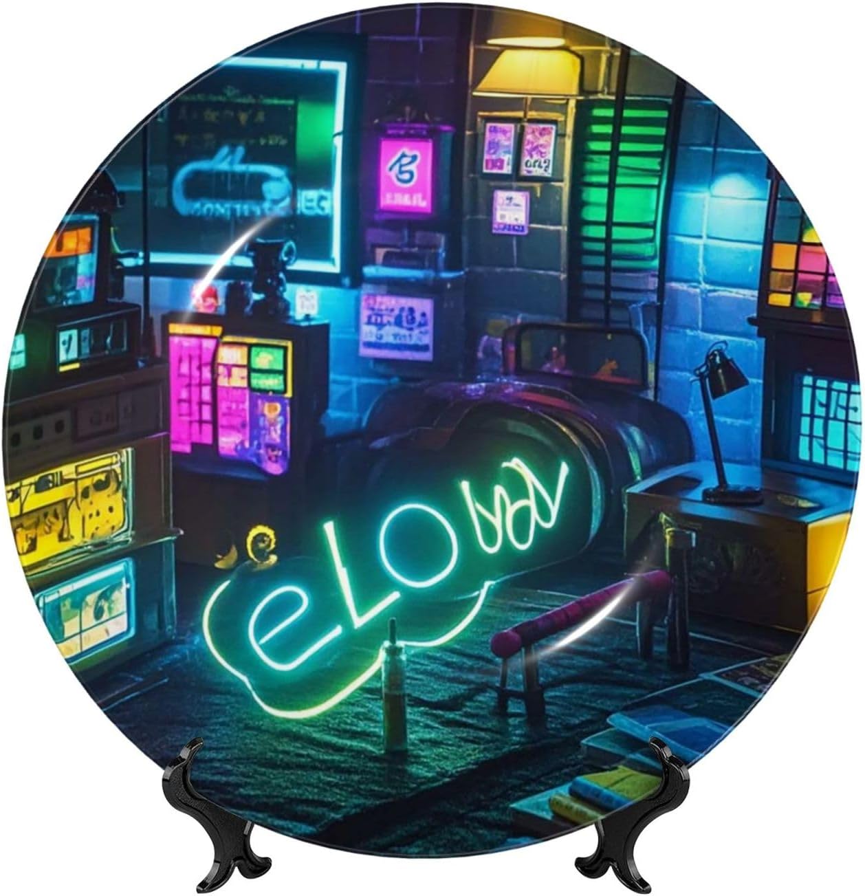 Bone China Decorative Plate with Display Glow in The Dark Ceramic Plates Crafts Art Decor Dessert Plate Ceramic Ornament Porcelain Plates for Living Room Kitchen Table Home Decor