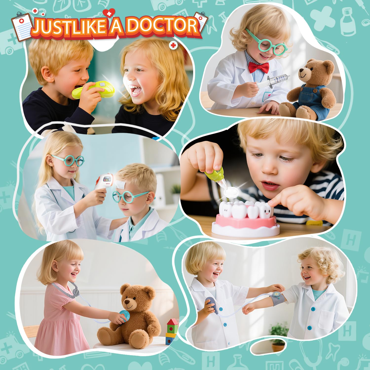 Kit Gioco Dottore per Bambini, Set Dentista con Termometro e Stetoscopio, Regalo Educativo per Ragazzi e Ragazze