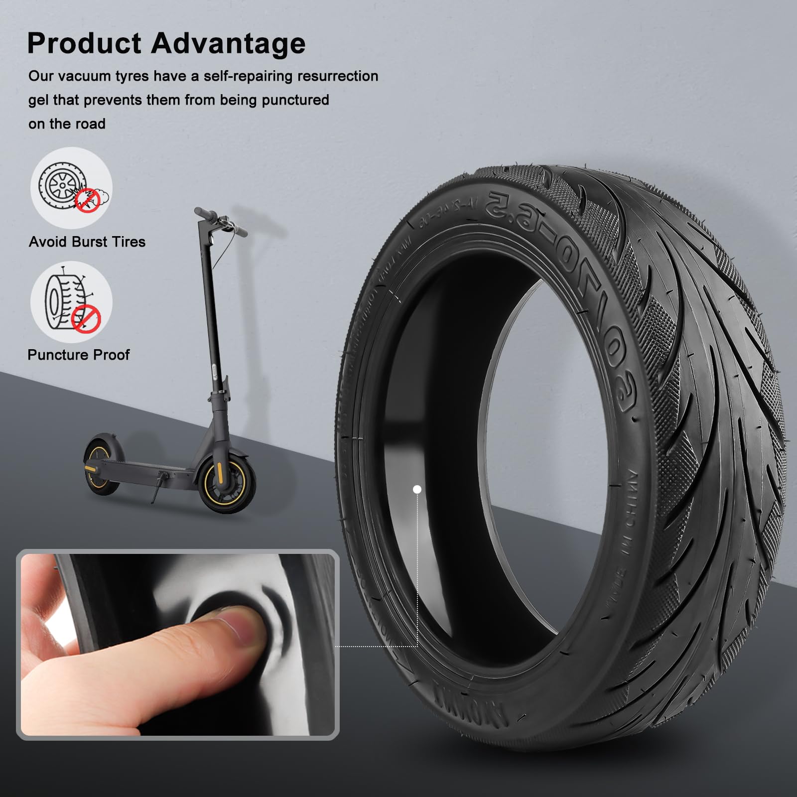 60/70-6.5 Tubeless Reifen für Ninebot Max G30, Selbstreparierende Vakuumreifen mit Ventil, E Scooter Ersatzreifen mit Rutschfest und Verschleißfest, 10 Zoll Gummireifen mit Durchstoßfest