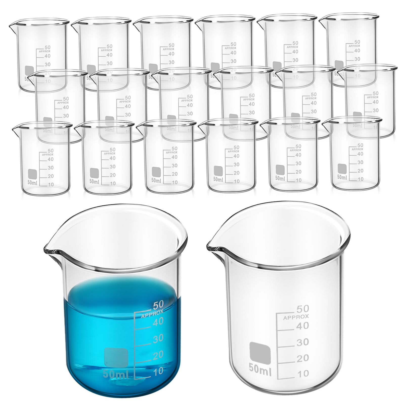 GLEAVI Vasos de Precipitados Medidores Precisos y Fáciles de Limpiar 20 de Vidrio de 50ml Paquete de 20 Unidades para Laboratorio para Uso Científico